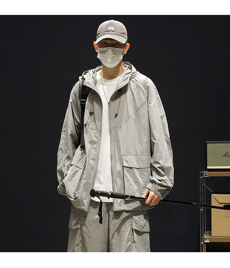 Dingfengbaoluo American-Style Workwear Sun Protection Jacket for Men, Spring And Summer Loose Thin Ice Silk Breathable Outdoor Coat, DC21 Unisex Gray M 16