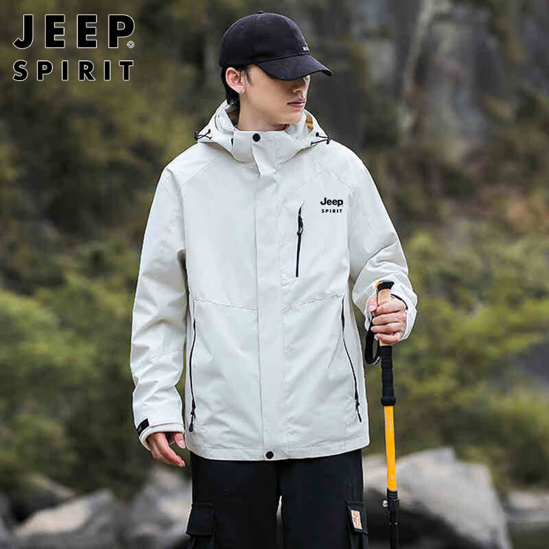 JEEP SPIRIT Men's Jacket, Spring And Autumn Korean Style Workwear Three-In Fleece Windbreaker, Ivory White - 2XL
