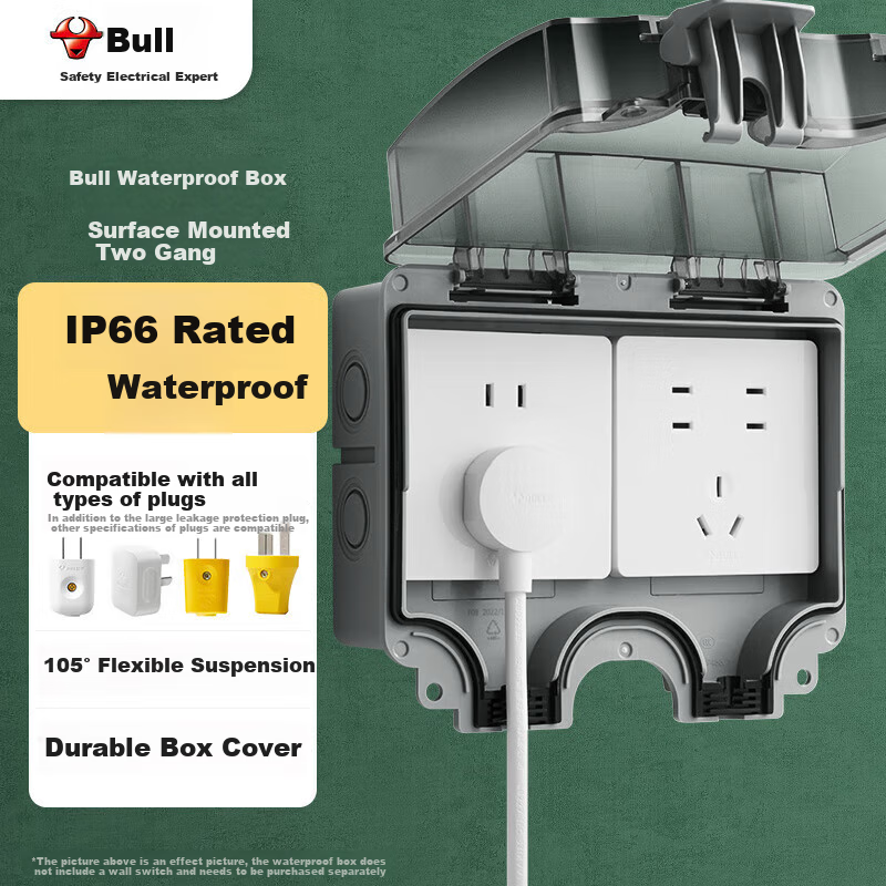 BULL Switch Socket, 86-Type Waterproof Switch Panel Box, Waterproof Cover Socket, Bathroom Waterproof Box, F08 Surface-Mounted Two-Gang