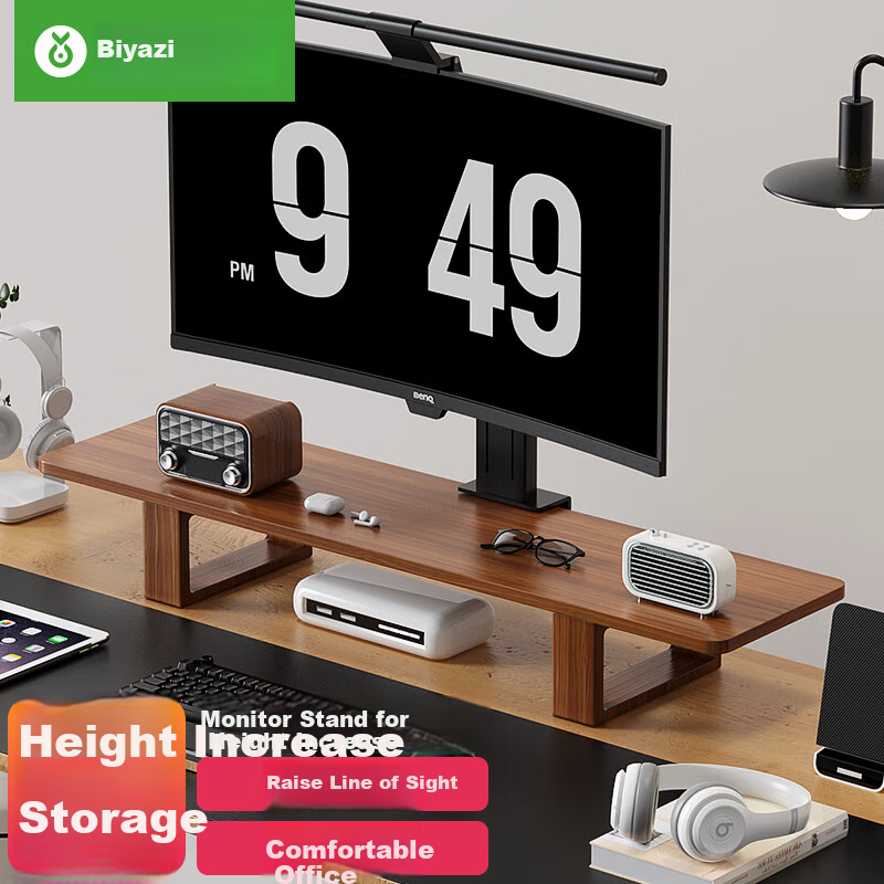 BIAZE Desktop Computer Desk Riser, Monitor Stand, Wooden Office Desk Keyboard Storage Rack, Screen Heightening Base Storage Shelf