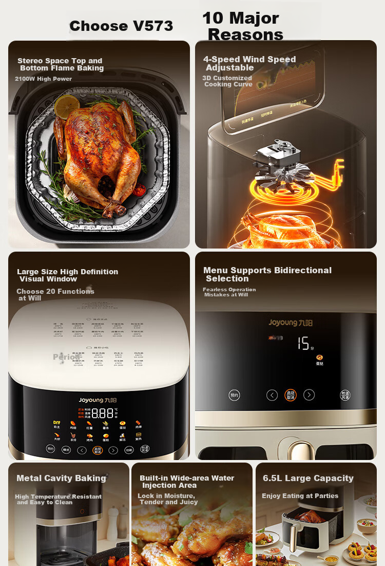 Joyoung Home 6.5L Large Capacity Electric Air Fryer with Upper And Lower Heating, No-Flip Design, Visible Window, 5 Cooking Modes, Adjustable Texture, Air Fryer KL65-V573 1