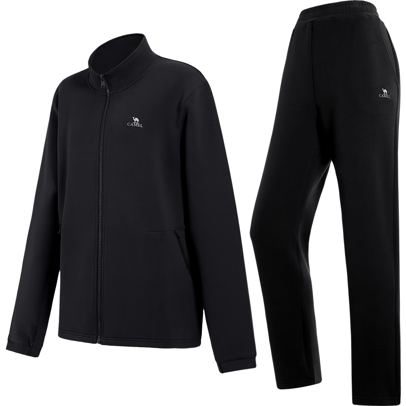 CAMEL Men's Casual Running Jacket with Stand Collar Long Sleeve Two-Piece Sports Suit Y14CY0L2614 Phantom Black XXL