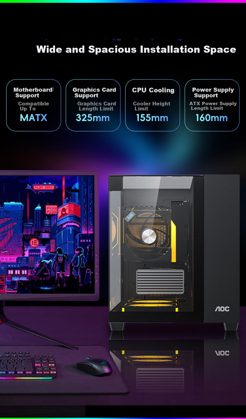 AOC Starry Sea CG389 Black Gaming Computer Case, Three-Sided Glass/No Pillars/Supports MATX/5 Fan Positions/3D Panoramic View/Lower And Upper Compartments 3