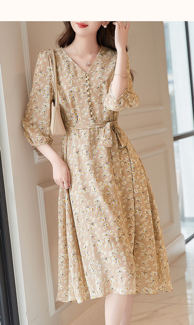Dme [Xiao Zhi Ju Print Chiffon Dress], Spring And Autumn V-Neck Waist-Cinching Puff Sleeve Midi Dress for Wome 12