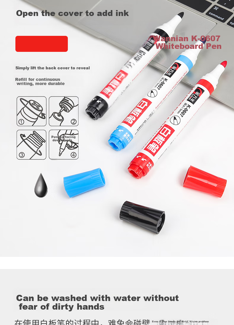 Genvana Black Refillable Whiteboard Markers, 10 Pcs/box, for Office Meetings, Erasable, G-634 7