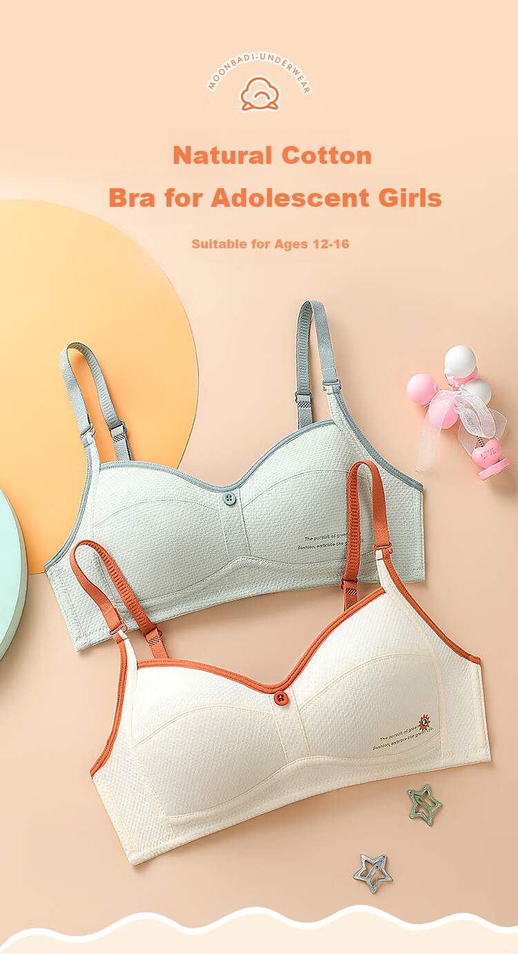 Moonbadi Underwear, Girls' Bra for Ages 12-16, Soft Cotton Comfortable, Leak-Free, Lightweight Breathable, High-Elasticity, Non-Binding, Puberty Bra 1