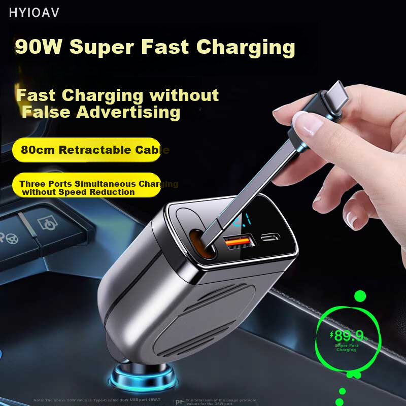 HYIOAV Retractable Cable Car Charger, 90W Super Fast Charging, One-To Car Digital Display Charger, Cigarette Lighter Adapter