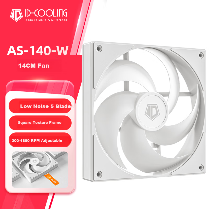 Kulin (IDCOOLING) 14cm Case Fan, 4-Pin Interface, PWM Temperature Control Cooling, Suitable for 280 Water Cooling Computer CPU Cooler Modification, White, AS-140