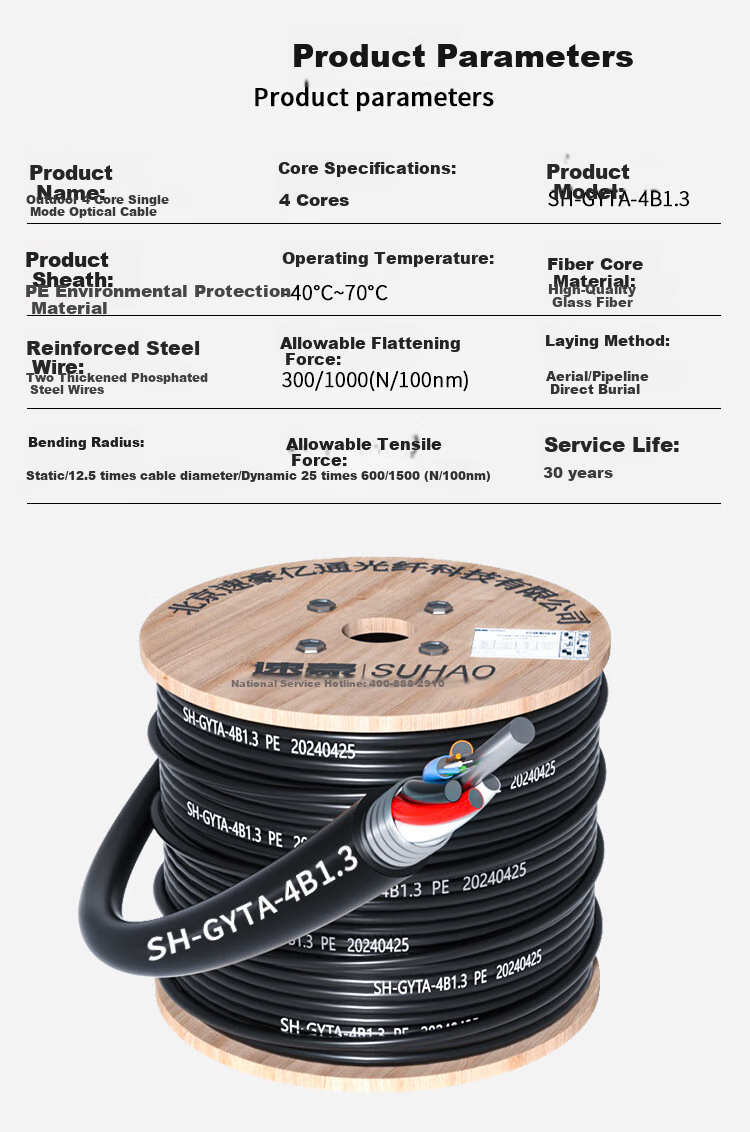 SUHAOGYTA Outdoor Optical Cable, Telecom-Grade National Standard Fiber Optic Cable, 4-Core Cable 1 Meter, Layer-Braided Single-Mode Armored Optical Cable, Outdoor Fiber Optic Line, SH-GYTA 7
