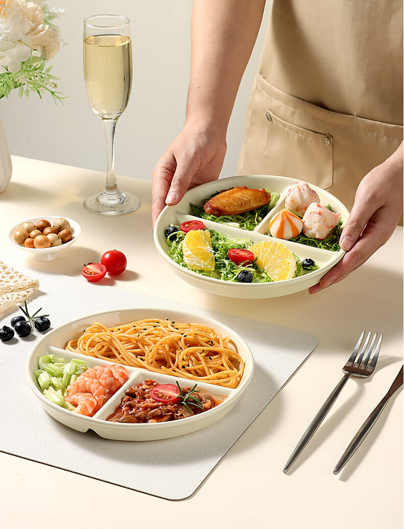 BJ Ceramic Weighted Divided Plate, 211 Compartments, Breakfast Plate for Students, Dumpling Plate, Fruit Plate, Cream-Colored Bright Surface 1