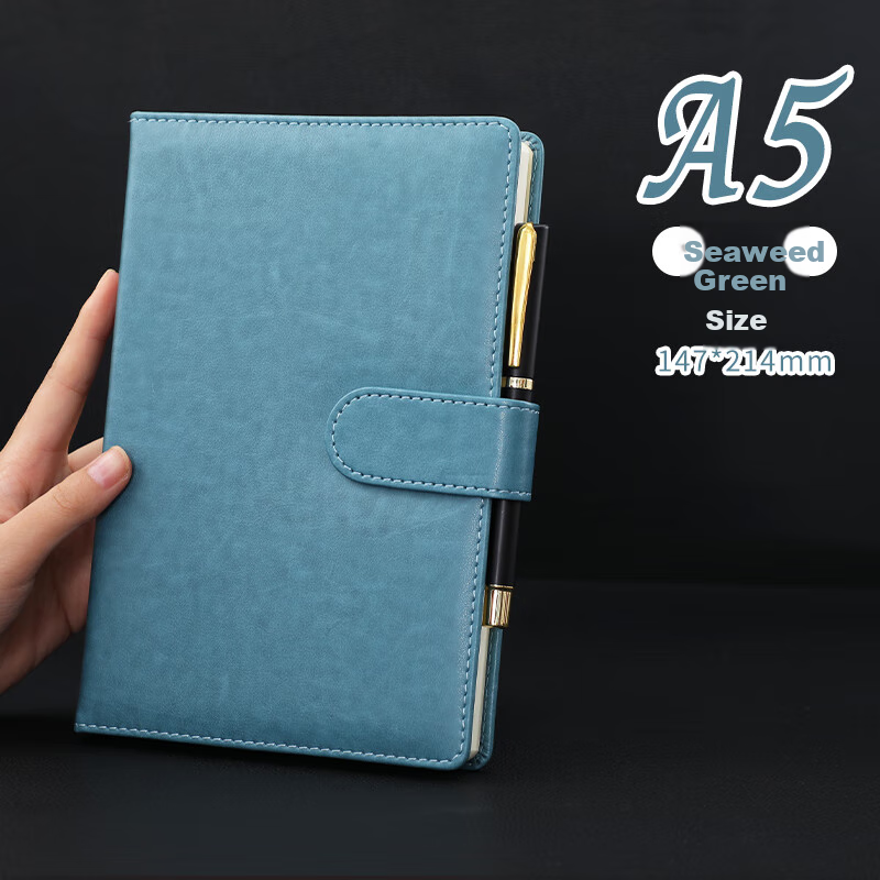 Jiaranheng Business Notebook, Stylish And Simple Design, Thickened with Buckle, Leather Cover, Journal for College Students, Diary Notebook, Office Stationery, Meeting Record Book, Customizable A5 Size, Seaweed Gree