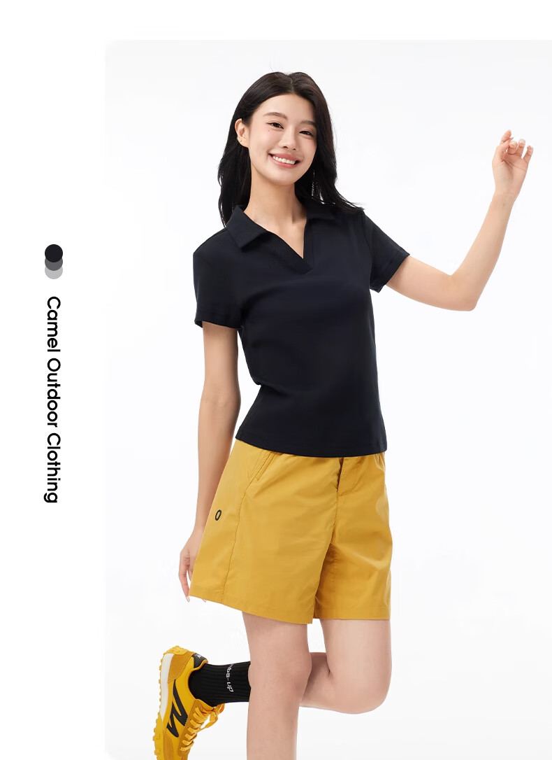 CAMEL Women's Short-Sleeve Polo Shirt, Versatile Slimming Elastic Breathable V-Neck Sports Casual T-Shirt A25BZ01057 M 6
