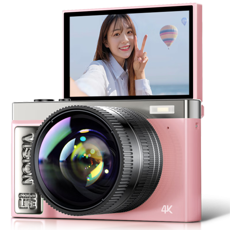 Aigo D9/E9S, Flip Screen Selfie Student Digital Camera, Birthday Gift for Girls, Entry-Level Mirrorless Camera, Campus High-Definition Travel Alternative Ccd, Pink 32GB with Wide-Angle Lens