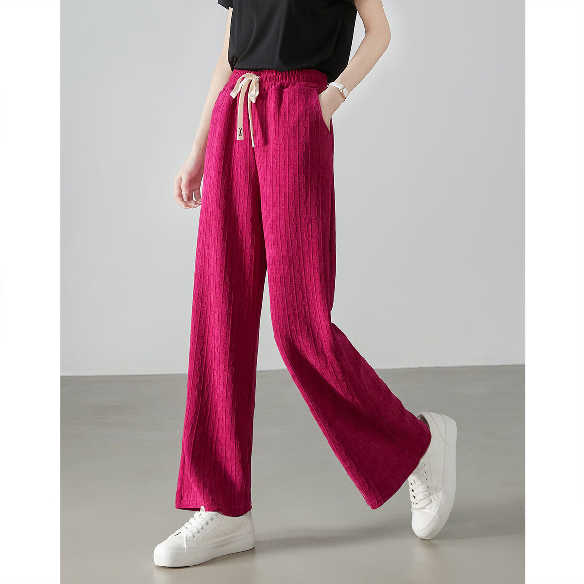 Dme [Flowing Water Pattern Drawstring Wide-Leg Pants], Mid-Rise Loose Slightly Elastic Long Trousers, Drawstring Women's Casual Pants