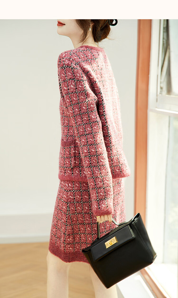 DME Chic Two-Piece Set Spring Autumn Plaid Round Neck Top High Waist A-Line Skirt Women's Fashion 9