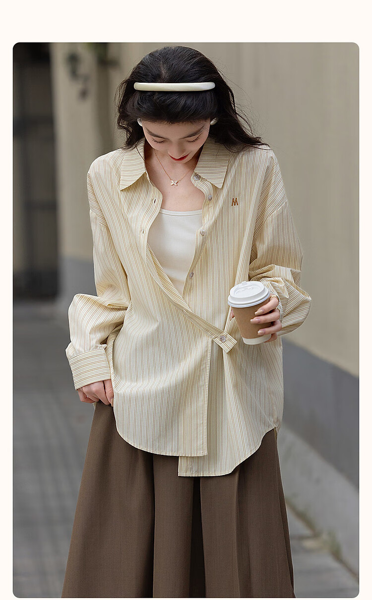 Dme [Design Sensation Two-Way Wear] Spring Minimalist Letter Embroidery Shirt, Striped Comfortable Slimming Blouse, Women's Top 1