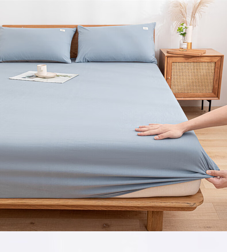 Wuyinliangpin Class A Pure Cotton Fitted Sheet, Single Piece Cotton Mattress Protector Cover, All-Inclusive Dustproof Cover, Lake Blue, 1.8 Meters 2