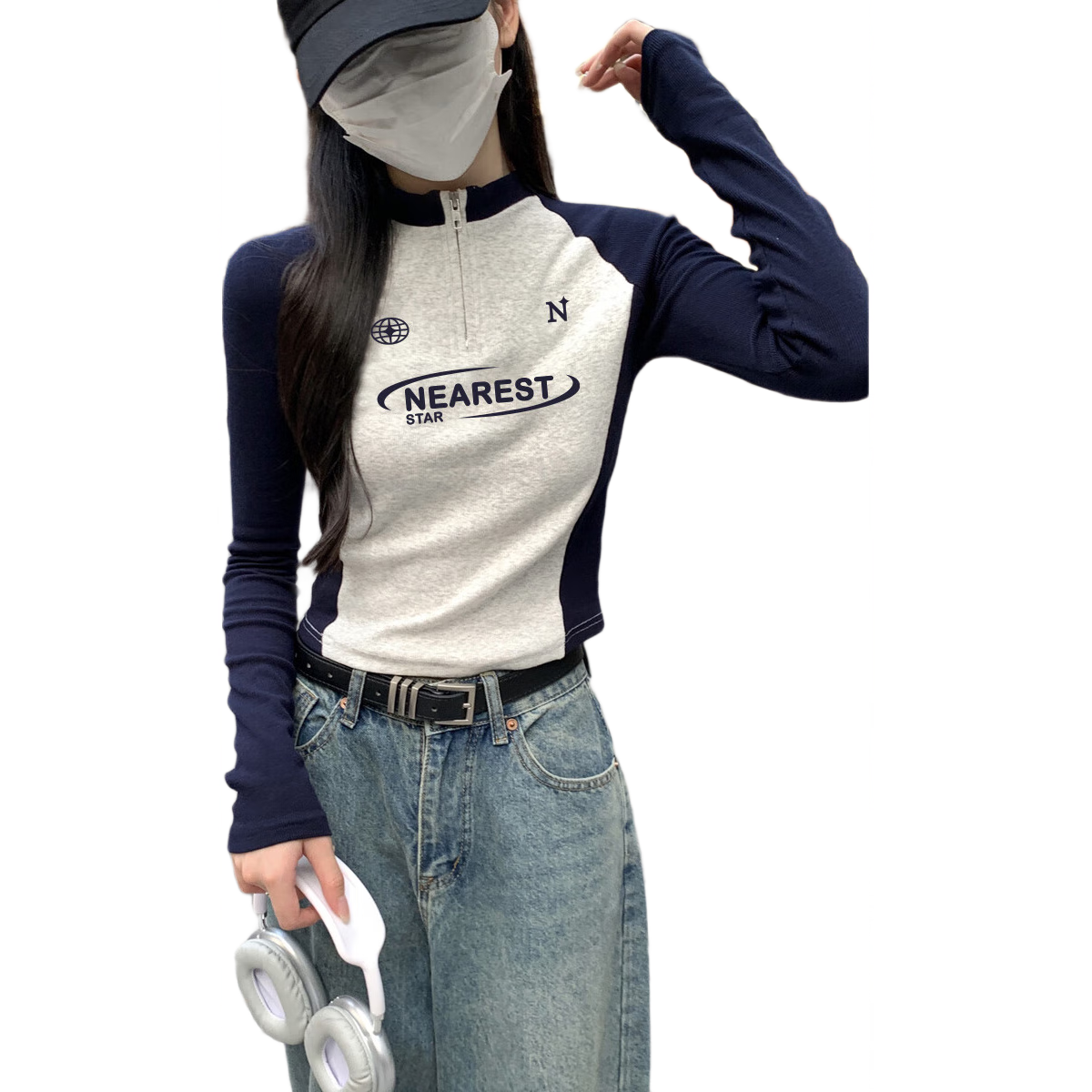 TonLion 2026 Autumn And Winter Women's Stand-Collar Zipper Sleeve Patchwork Long-Sleeve T-Shirt, Elegant Slimming Versatile Relaxed Korean-Style Trendy Z