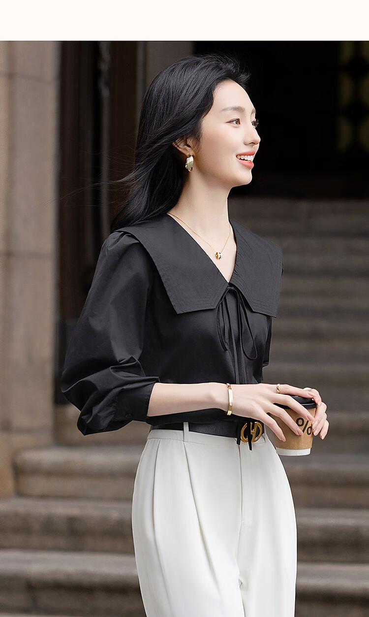 Dme [Will Breathe Cotton] Spring And Autumn Japanese Artistic Turndown Collar Tie-Up Shirt with Puff Sleeves, Concealing Body, Women's Blouse Top 11