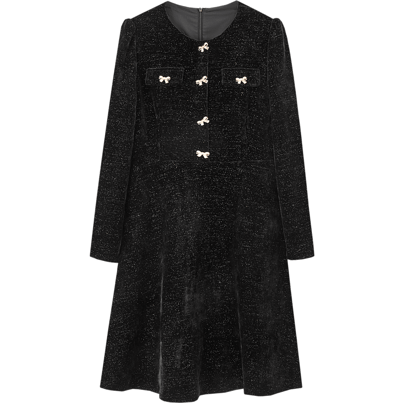 DME "New Year and Roses" Autumn/Winter Velvet Touch Shiny Silk Butterfly Bow Decorated Bubble Sleeve Waist-Enhancing Elegant Women's Dress