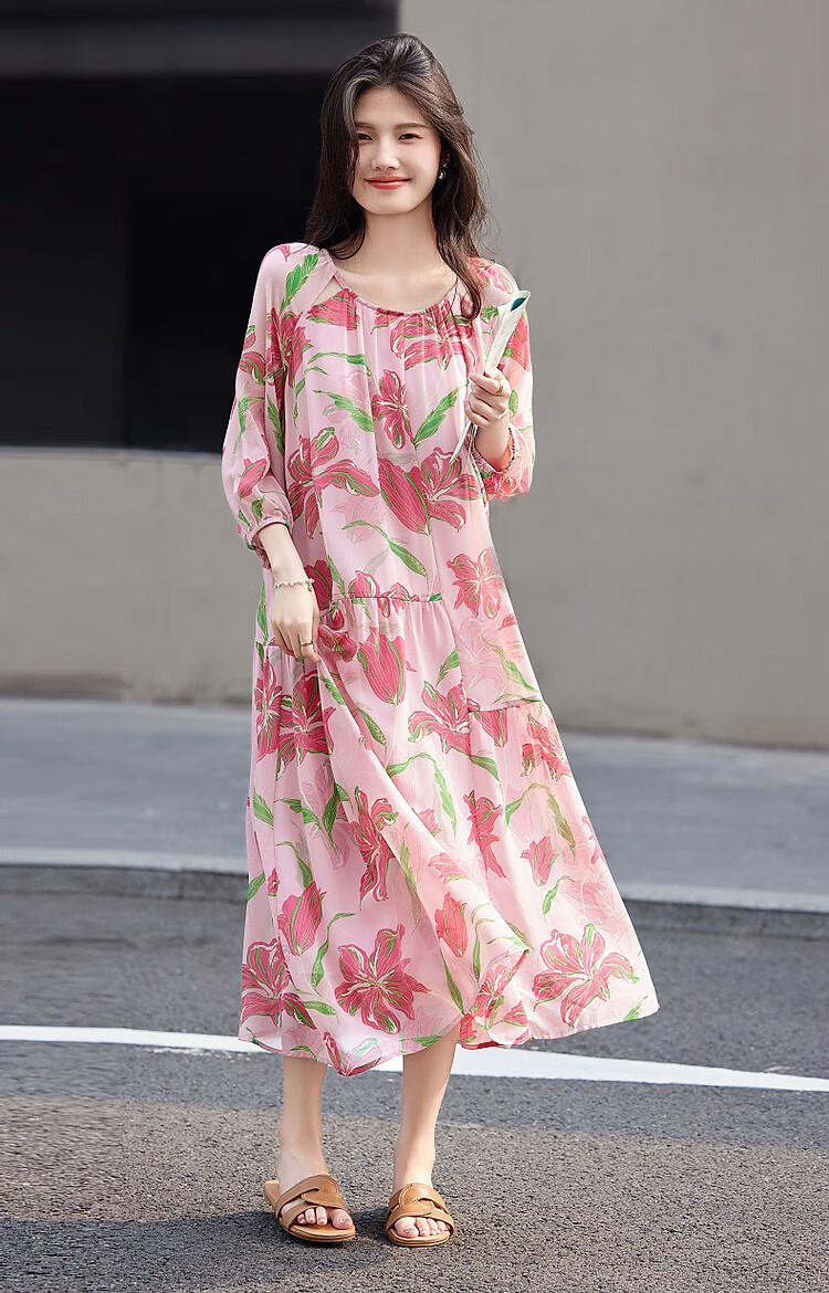 Dme [Go to The Beach for Vacation], Summer French-Style Lantern Sleeve, Large Print Tie, Chiffon Midi Dress for Wome 8