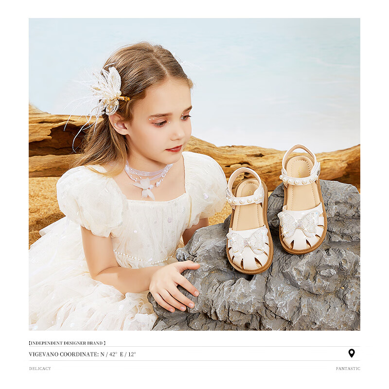 Snoffy Children's Sandals, Girls' Princess Shoes, Summer Fashion, Soft-Soled Comfortable Crystal Shoes for Little Girls, Vanilla White, Size 27
