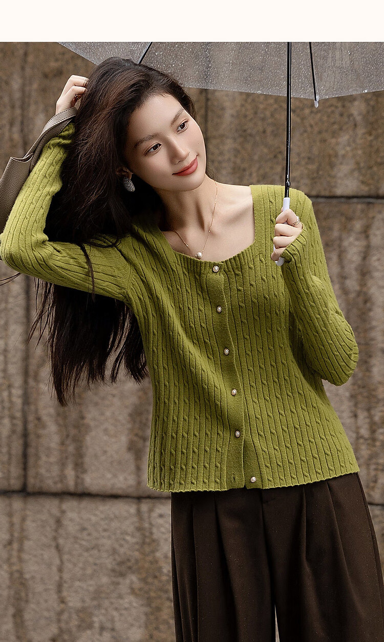 Dme (Xuainitianxin) Spring And Autumn French Square Collar Sweater, Simple Style Long-Sleeve Cardigan, Soft Elastic Knit Sweater, Women's Top 14
