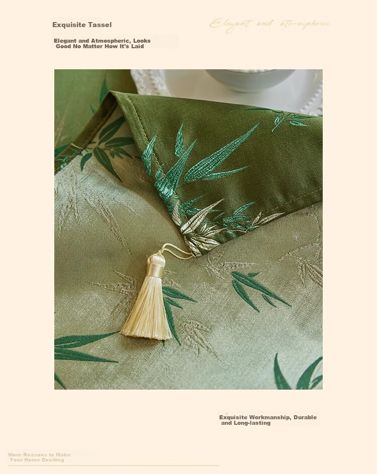 Yinshang New Chinese-Style Lace Tassel Round Tablecloth, Green Bamboo Light Luxury Table Cover, Dining Table Tea Cloth, 140*140cm 7