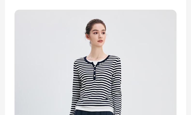 Navigare Women's Fashion Slim-Fit Striped Comfortable Faux Two-Piece Long-Sleeve T-Shirt 2315005502 8