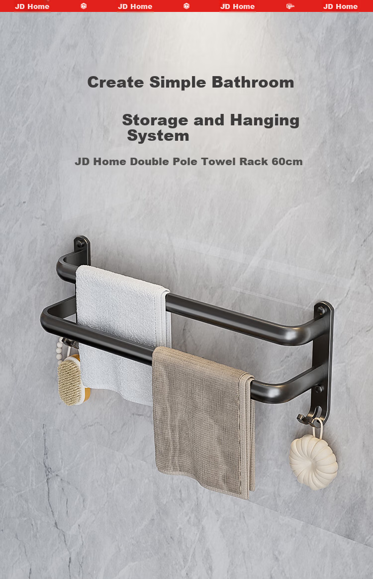 JD Original Anti-Gravity Pro No-Drill Double-Rod Towel Rack, Space Aluminum Thickened Single-Rod Kitchen Bathroom Shower 60cm 1