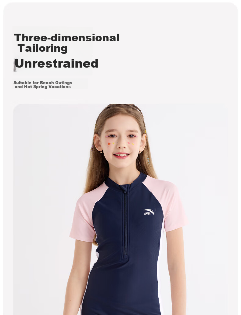 ANTA Children's Swimsuit, New Style Girls' One-Piece Boyleg, Professional Training Swimwear for Students, Big Kids Swimming Suit, Blue And Pink, Size 110 11