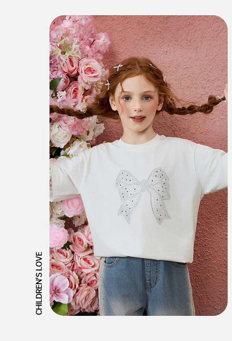 ASK JUNIOR Children's T-Shirt with Two Layers, Spring 2026 Girls' Butterfly Bow Lace Long-Sleeve Base Round Neck Top, Off-White, Size 130 11