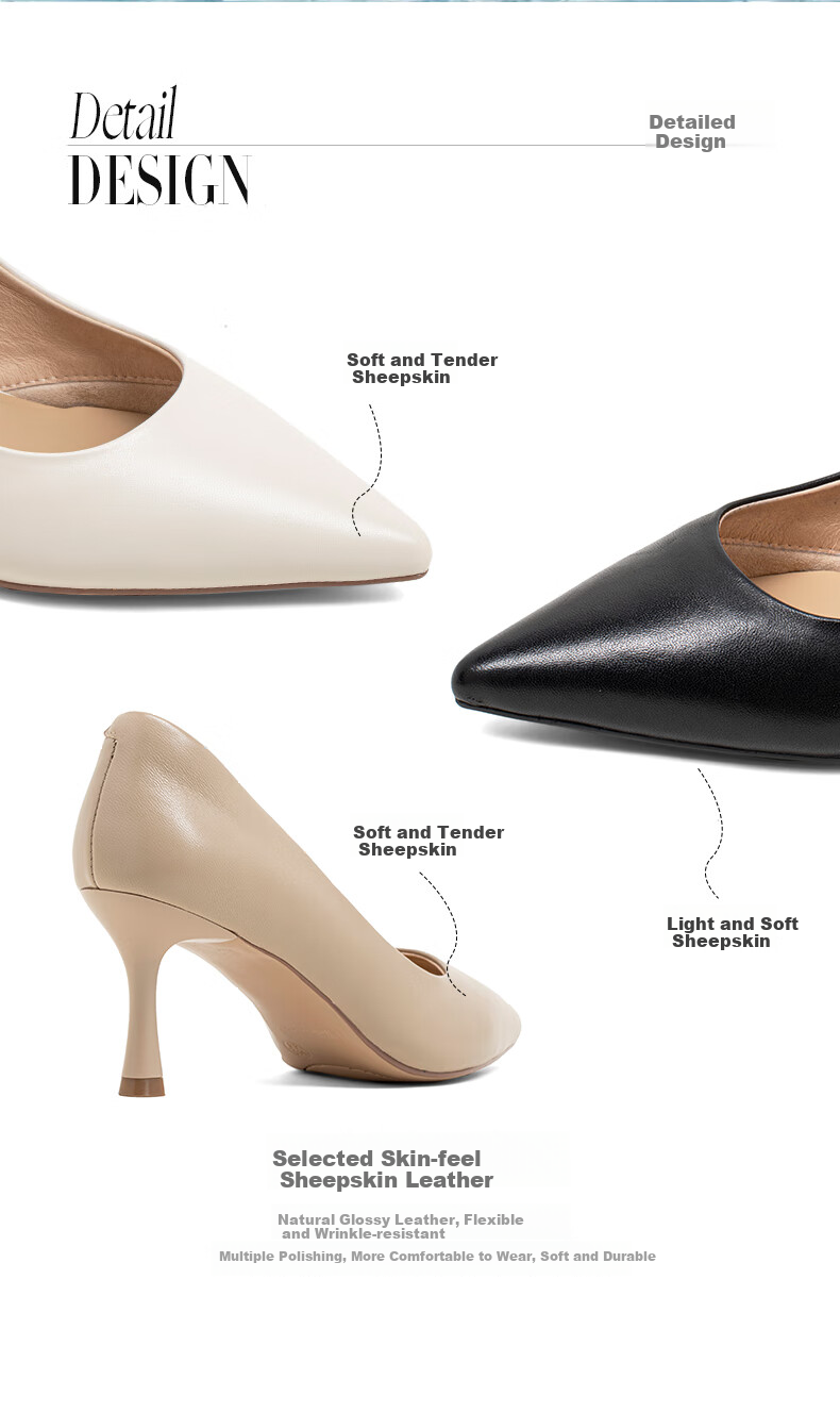 COMELY Women's Single Shoes, Spring Thin Heel Pointed Toe High Heel Sheepskin Soft Comfortable Sole, Simple Professional Work Shoes, Beige, Size 34 6