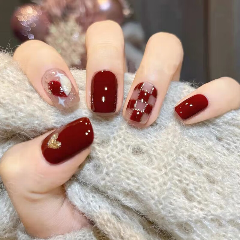 NHGAD Wearable Short Chinese Red New Year Handmade Nail Art White-Enhancing Removable Short Press-On Nails