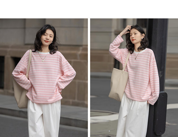 Dme [Coastline Diary] Spring Korean-Style Waffle Gradient Striped Top, Loose-Fitting, Flattering, Versatile Women's Sweatshirt 8