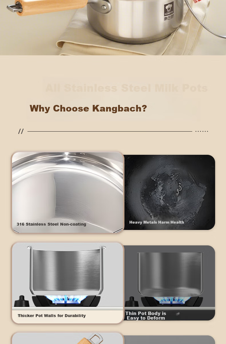 KOBACH 316L Stainless Steel Milk Pot without Coating, Baby Food Pot, Small Milk Pot, Thickened, Compatible with Induction Cooker And Gas Stove 1