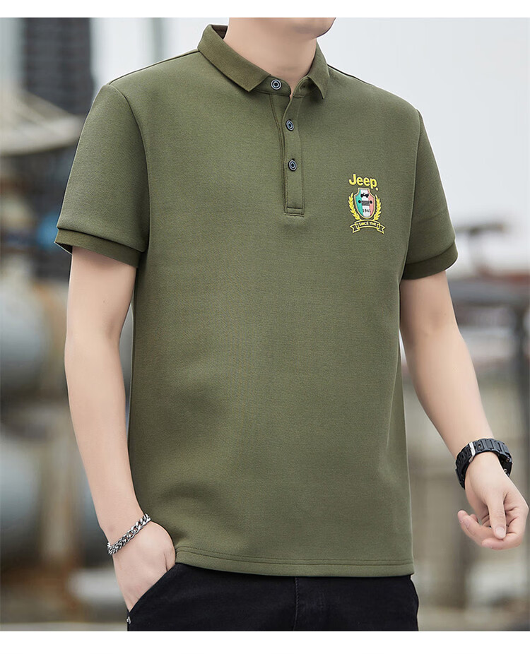 JEEP Short-Sleeve T-Shirt for Men, Summer Polo Undershirt, Casual Loose Cool-Feeling Clothing for Men, Army Green, Size L 8