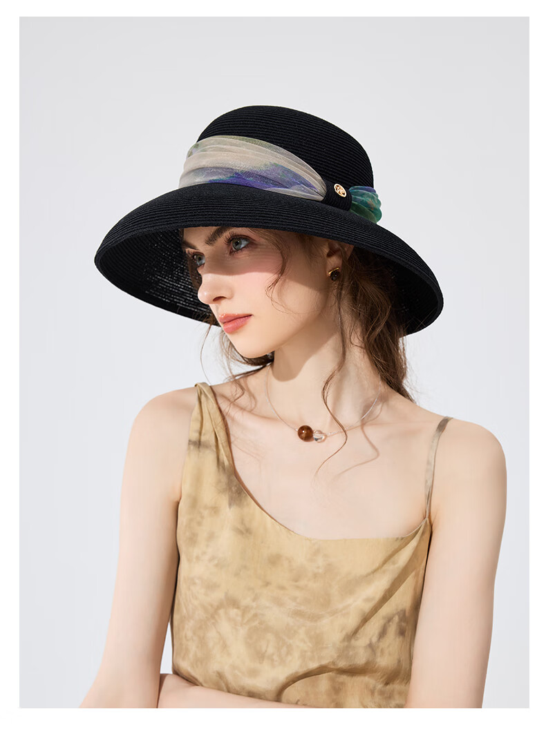 FANCET Straw Hat for Women, Elegant Summer Oregano Tulle Hat with Wide Brim, Vacation UV Protection Sun Hat, Birthday Gift for Elders 14
