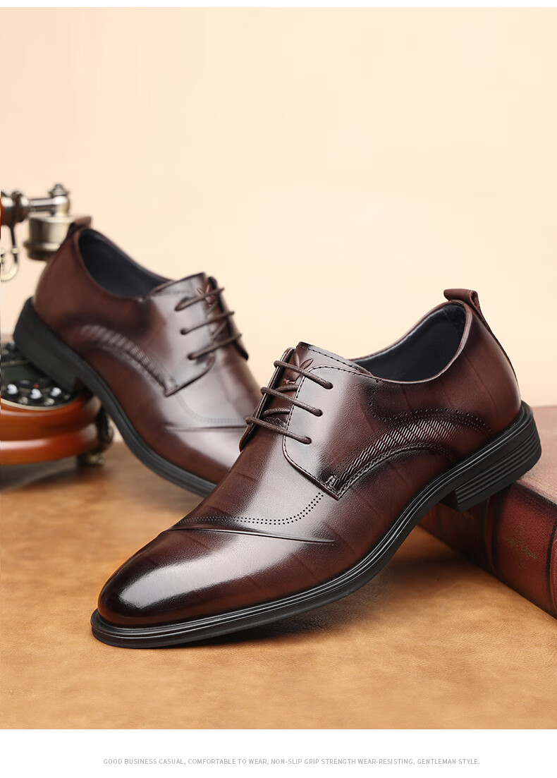 PLAYBOY Men's Leather Shoes, British Trendy Pointed Toe Lace-Up Formal Business Shoes, Groom Wedding Shoes, Black, Size 42 3