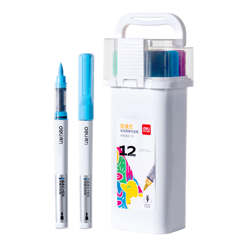 Deli 12-Color Direct Liquid Bucket Acrylic Markers, Soft Drawing, Washable, Non-Fading, Fluorescent, for Students, New Year's Graffiti, DIY Birthday Gift, HM352-12, Art Education Graduation Gift