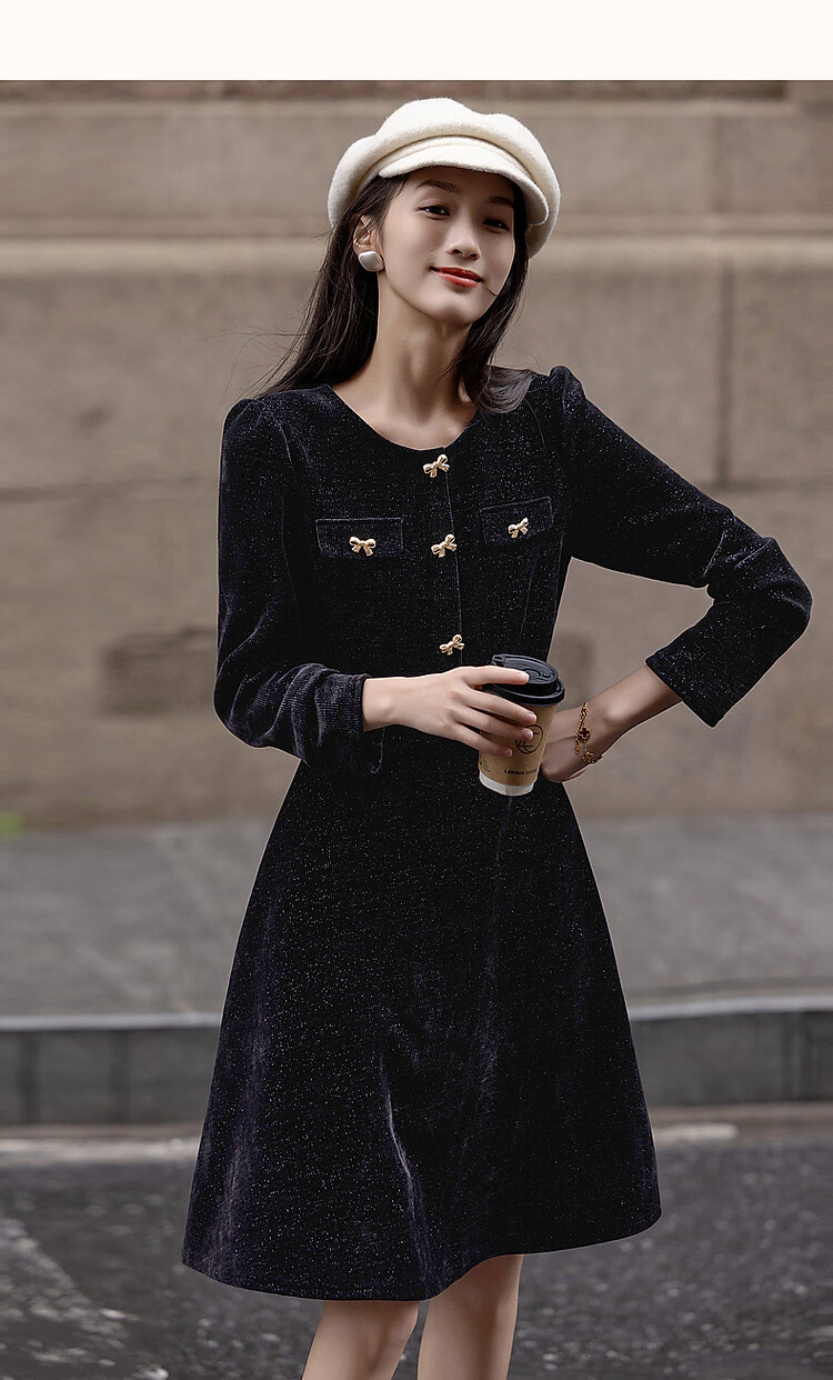 DME "New Year and Roses" Autumn/Winter Velvet Touch Shiny Silk Butterfly Bow Decorated Bubble Sleeve Waist-Enhancing Elegant Women's Dress 6