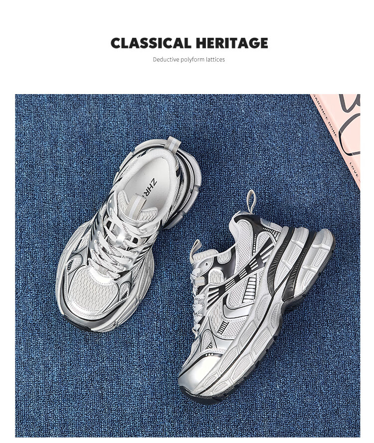 ZHR Silver Dad Shoes for Women, Trendy Sports Casual Couple Shoes, Thick-Soled Height-Increasing Women's Shoes, JT67 Silver, Size 39 10