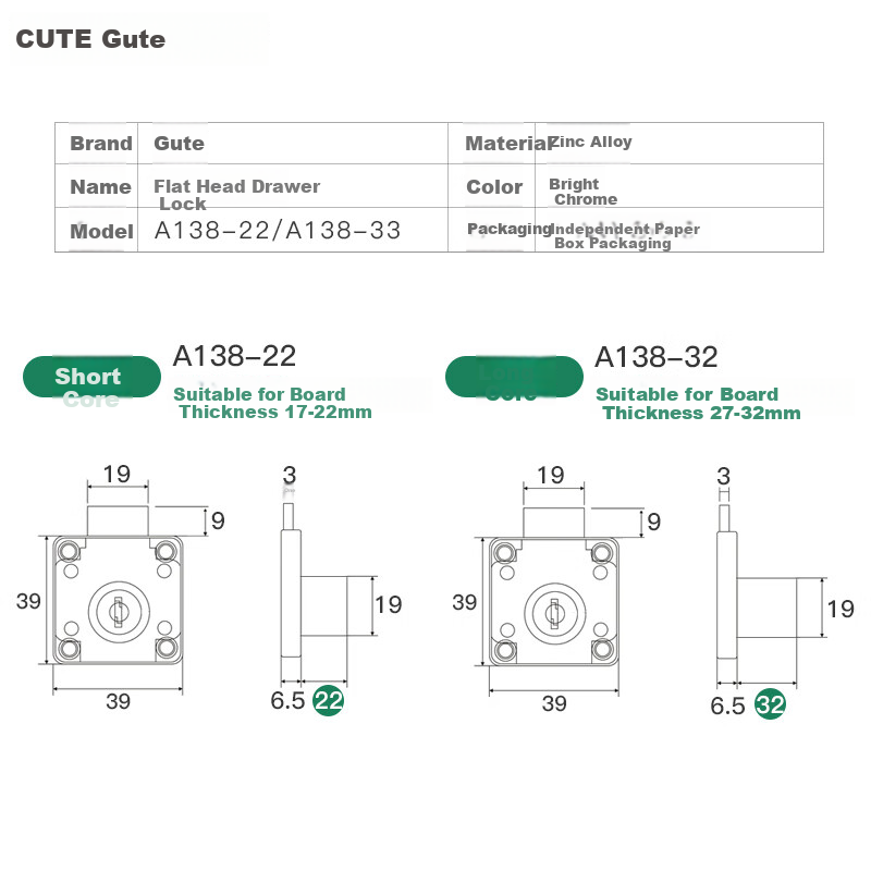 GUTE Drawer Lock, Alloy Flat Head, Office Cabinet Lock, 22mm