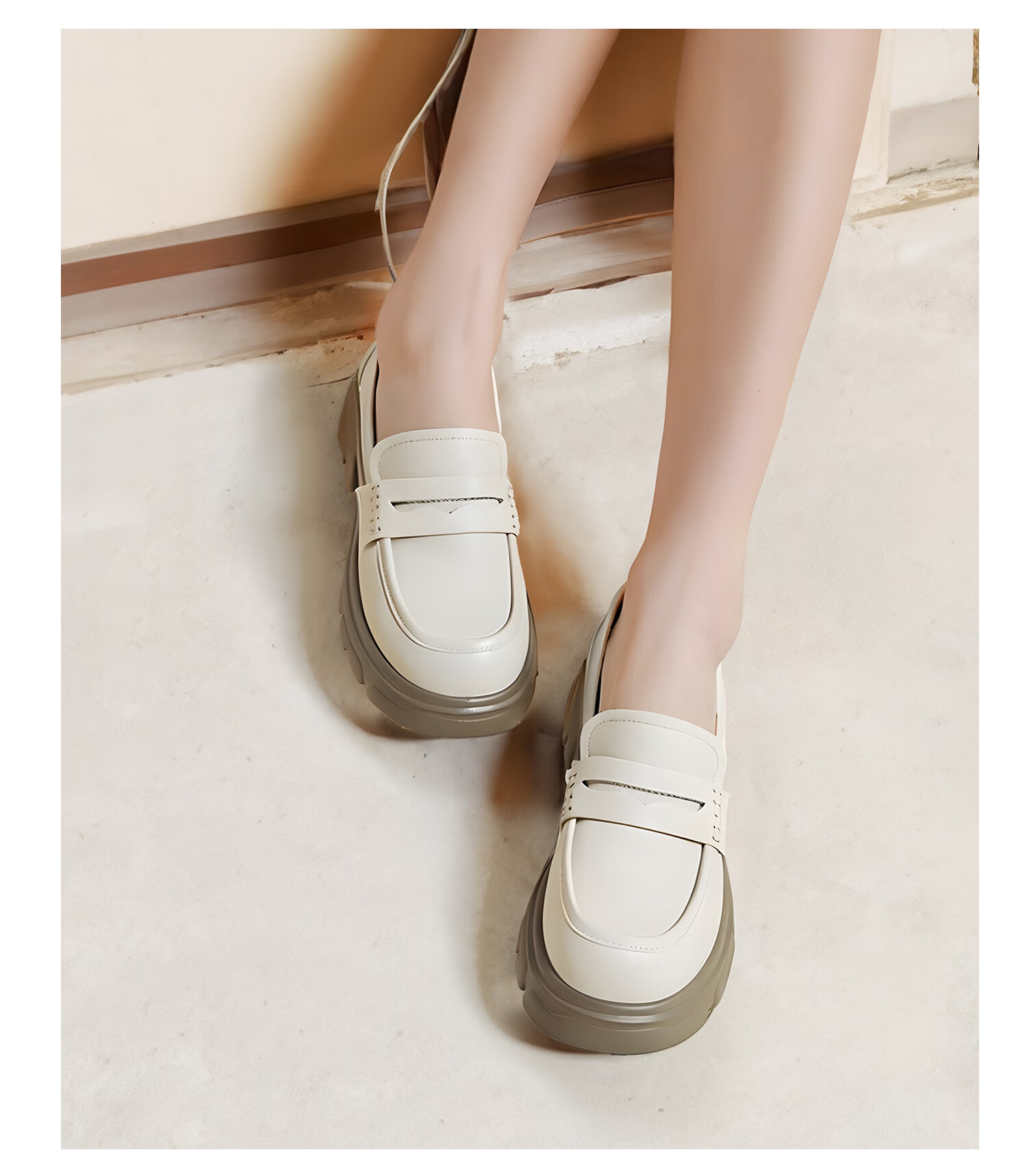 COMELY Leather Thick-Soled Loafers for Women, Spring New Style Genuine Leather Classic Retro Slip-On Leather Shoes, Beige, Size 36 10