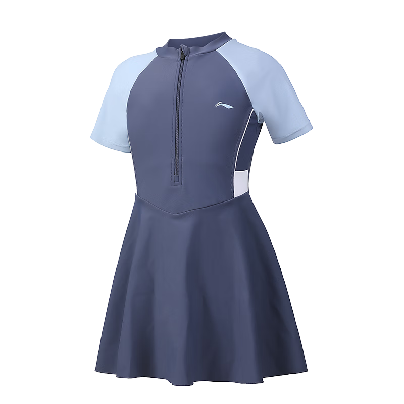 Li-Ning Children's Swimsuit, One-Piece Dress Style for Girls, Youth Swimming Costume, Student Girl Swimwear, 0321 Gray Blue, Size 140