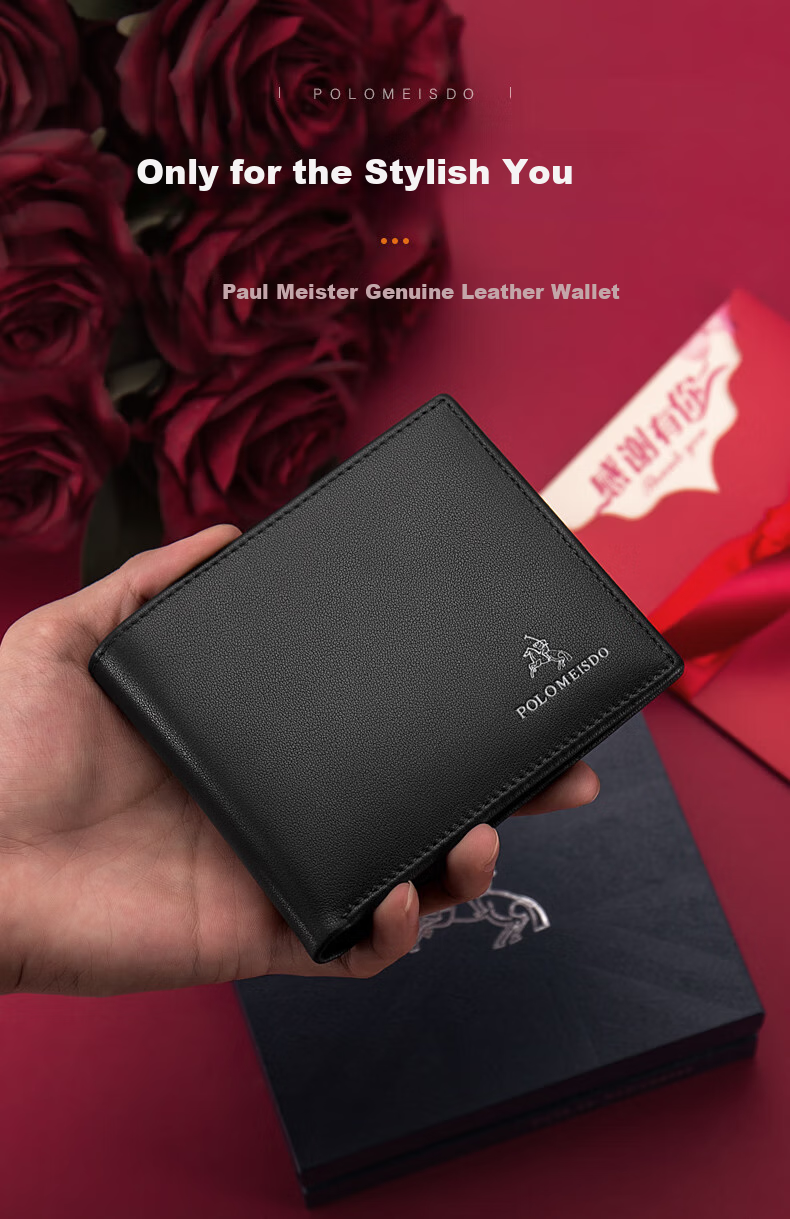 POLOMEISDO Men's Wallet, Short Genuine Leather Billfold, Fashionable Leather Purse Gift Box, Self-Operated Birthday Present for Boyfriend, Husband, Father 2