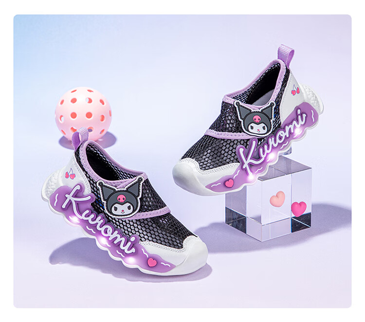 HELLOKITTY Girls' Toddler Shoes, Kuromi Light-Up Sneakers, Children's Sports Shoes, Summer Mesh Shoes, 6842 White Rose Red, Size 27 5