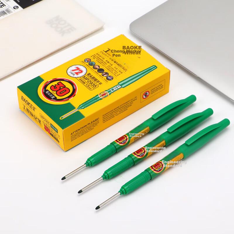 BAOKE MP2935 Long-Head Engineering Marker Pen, Oil-Based Multi-Purpose, 30mm Long Tip, Fine-Tip Marker Pen, Green, 12 Pcs/box