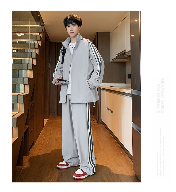 Dingfengbaoluo Men's Autumn Winter Sports Casual Set Trendy Stand Collar Zip-up Jacket Loose Fit Outfit K02 Starry Gray L 6
