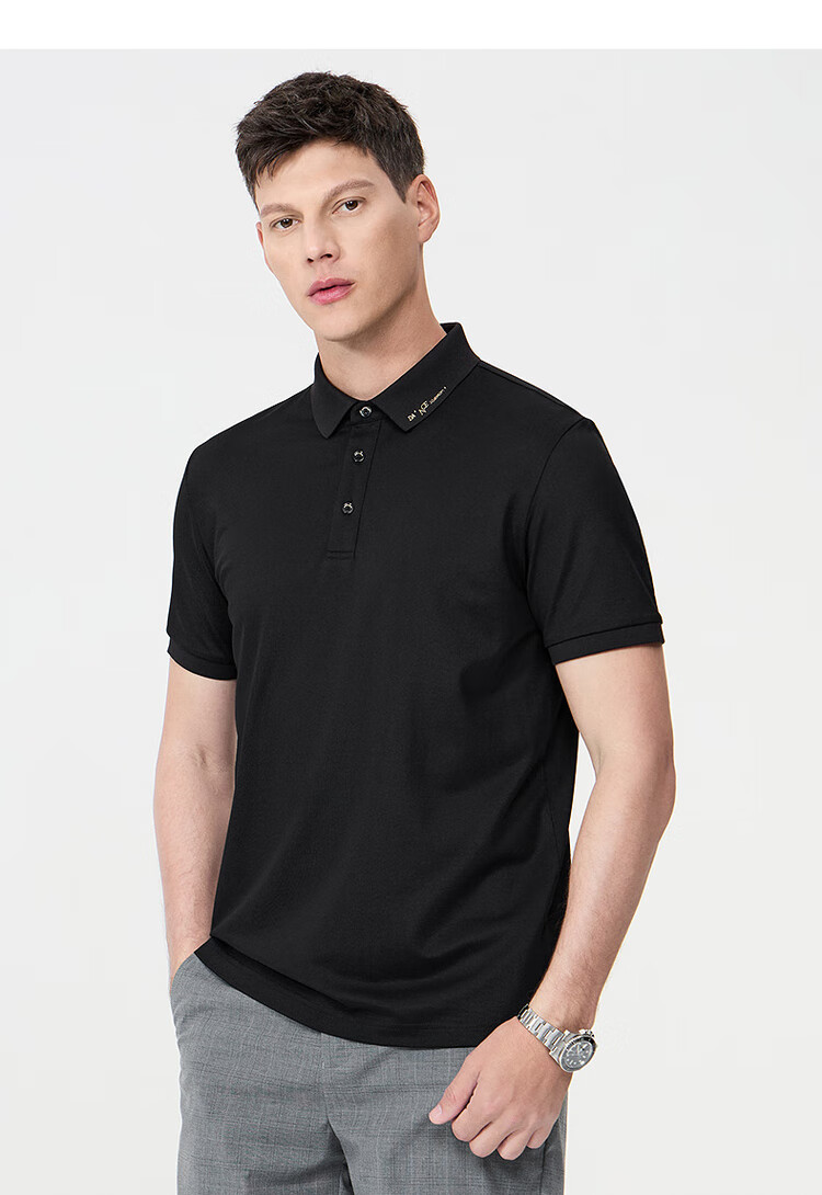 DANCING WOLVES [Instant Cooling Sensation & 7A Antibacterial] Skin-Friendly Mulberry Silk Short-Sleeve POLO Shirt for Men, 001 Black, M(170) 5